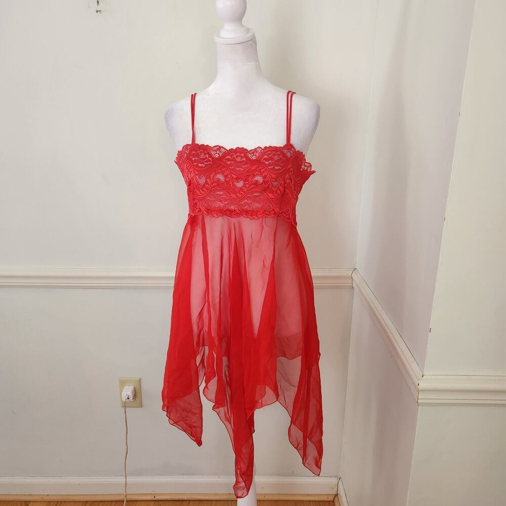 Vtg Corna Lingerie Dress Negligee One Size Red Asymmetrical Hem Fairy Babydoll